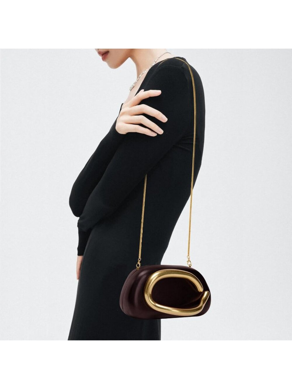 〽️Women's Redcoffee Leather Clutch Purses Trendy C Handle Evening Bag with Chain - Picture 4 of 6